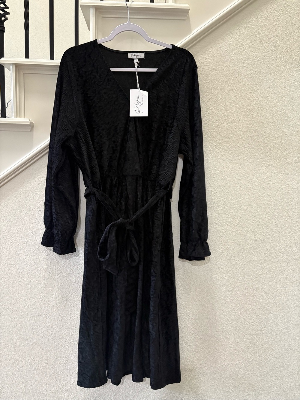 NWT Polagram Black Textured Velour Midi Dress